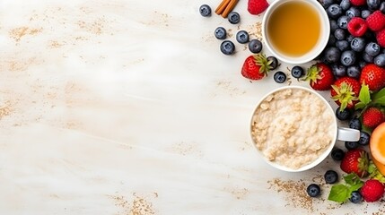 Obraz na płótnie Canvas Healthy oatmeal breakfast with fresh berries, nutritious, morning meal, top view, copy space
