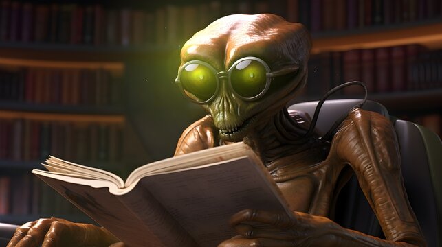 Intelligent extraterrestrial alien engrossed in a book, classic study room, storytelling, science fiction day