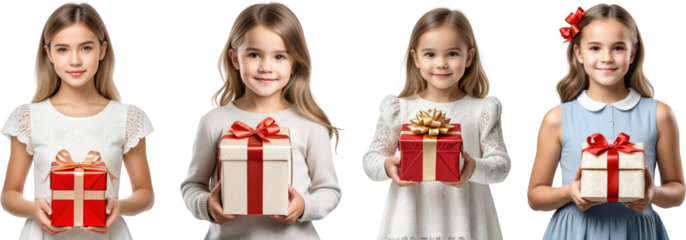 set of 4 girls holding gifts, photos of girl holding gifts for Christmas and New year, Gifts in girl hand for advertisement - Generative AI