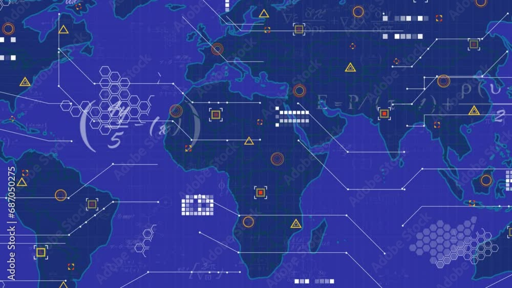 Poster animation of mathematical equations, circuit board pattern on map over blue background