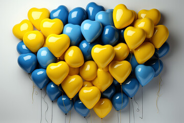 Yellow and blue heart-shaped balloons isolated on light background.