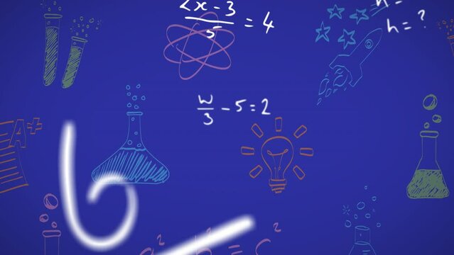 Animation of mathematical equations, chemistry and physics drawings over blue background