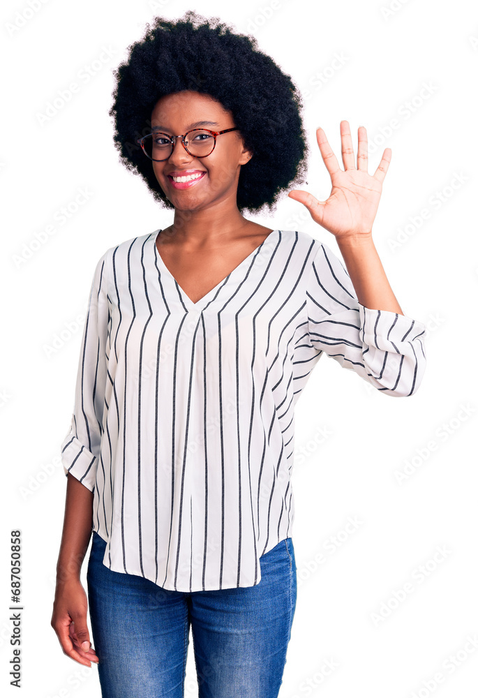 Poster young african american woman wearing casual clothes and glasses showing and pointing up with fingers