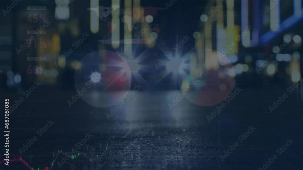 Poster animation of multiple graphs with changing numbers over low angle view of moving vehicle on street