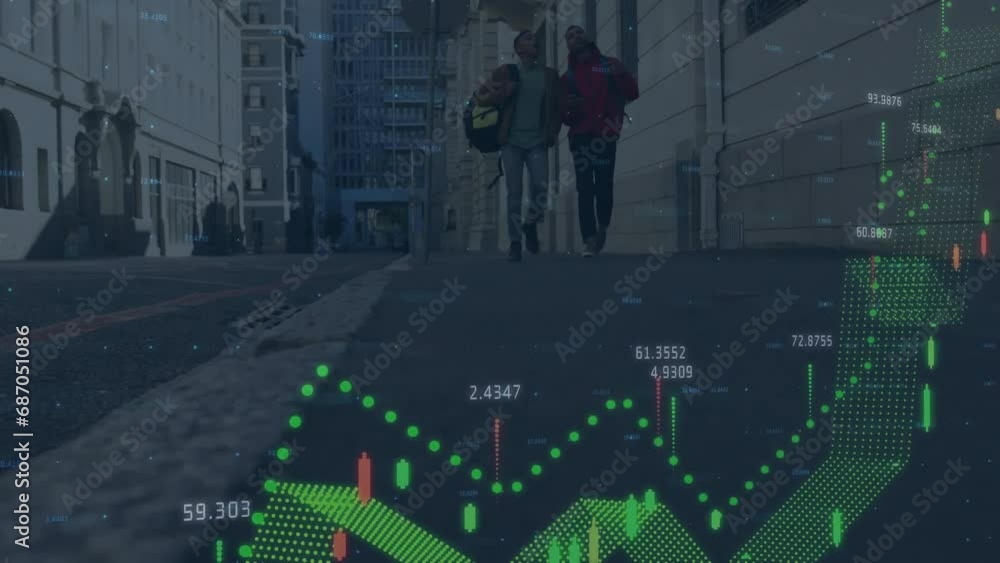 Poster animation of graphs, changing numbers, diverse friends discussing while walking on footpath in city