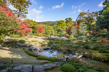 View of Murin-an Japanese garden with autumn leaves, Kyoto, Japan