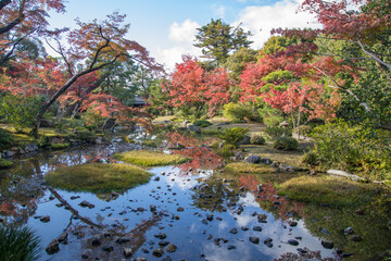 View of Murin-an Japanese garden with autumn leaves, Kyoto, Japan