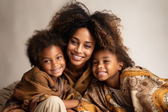An African American mother showing her love and joy to her kids