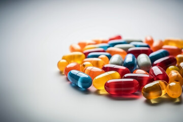 variety of medical pills on a light background copy space