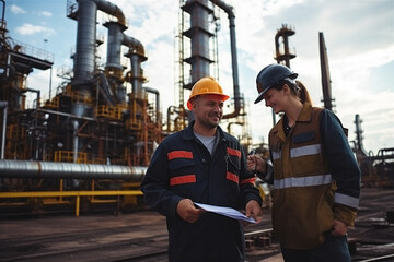 engineers discussing on a project with oild and gas refineries background