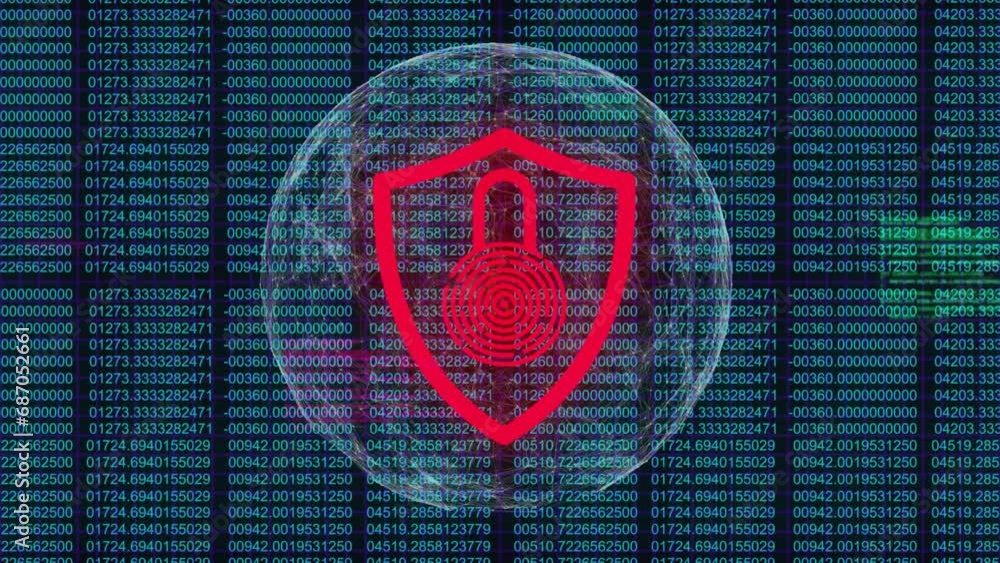 Aufkleber animation of padlock in shield, changing numbers and globe over black background