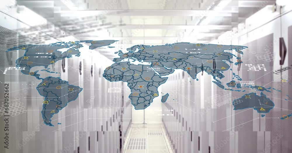 Poster animation of computer language and map over data server room