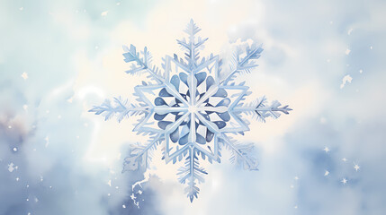 Fototapeta premium An artistic watercolor painting of a single snowflake, oversized on an off-white canvas