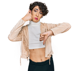 Handsome man wearing make up and woman clothes doing thumbs up and down, disagreement and agreement expression. crazy conflict