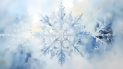 An artistic watercolor painting of a single snowflake, oversized on an off-white canvas