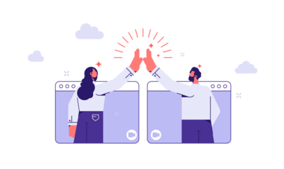 Video communication technology and video call concept, online communication and business meeting, , social networks, people give each other five on internet