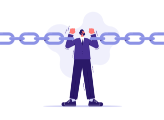 Weakness or conflict causing failure in business and investment concept, tried fatigue businessman trying to hold broken chain together.