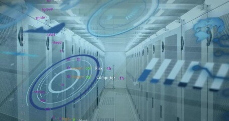 Animation of globe, graphs, circles and computer programming language over data server room - Powered by Adobe