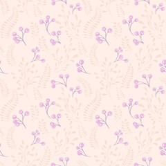 Fototapeta na wymiar Pastel seamless pattern with creative berries branches and leaves stem on a light back. Vector hand drawn sketch. Retro simple background with tiny floral leaf stems and drops. Design for fashion