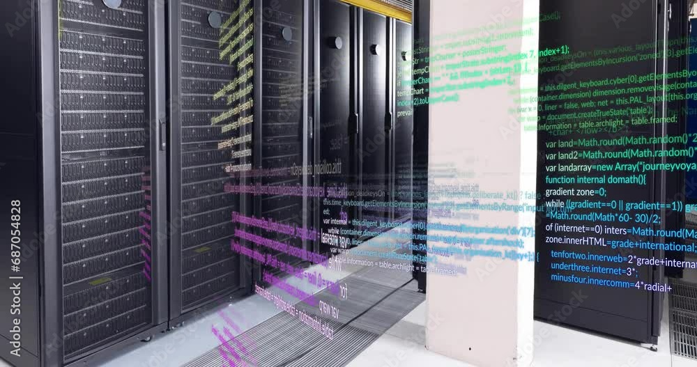 Poster animation of multicolored computer language over data server room