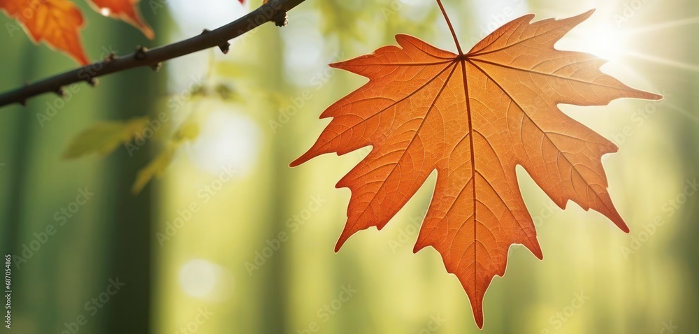 Poster a close up of a leaf on a tree branch with a blurry background of leaves on a tree branch.