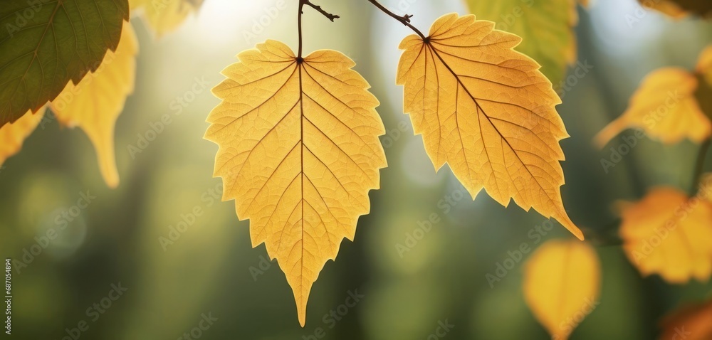 Poster a close up of a leaf on a tree branch with a blur background of leaves and leaves on a tree branch.