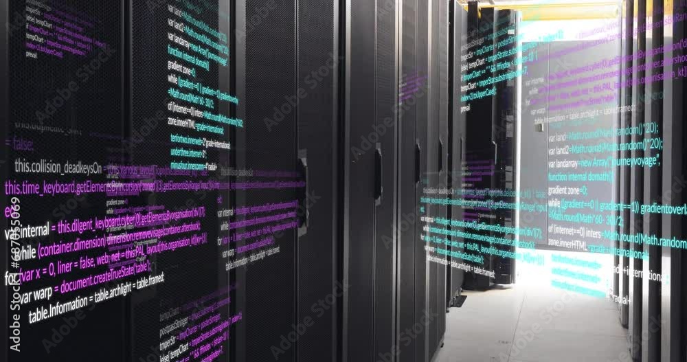 Poster animation of multicolored computer programming language over data server room