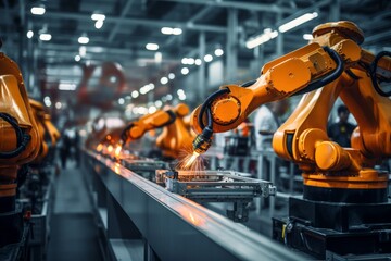 Photo of a futuristic robotic arm working in an assembly line. Generative AI