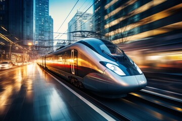 Photo of a high-speed train passing through a financial district. Generative AI
