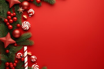 a red background with ornaments and pine branches