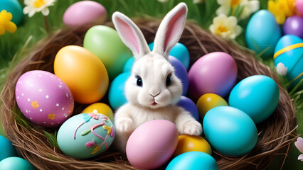 Fototapeta na wymiar cute easter bunny and easter eggs