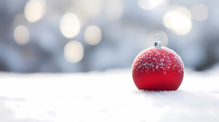 An elegant red Christmas bauble resting on a bed of fluffy white snow