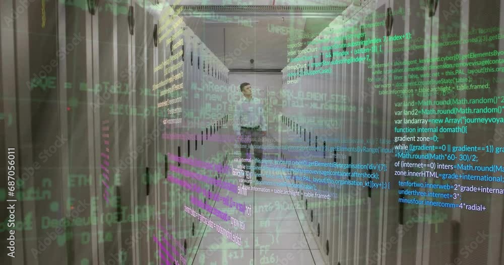 Poster animation of computer language, caucasian man looking at server racks while walking in server room