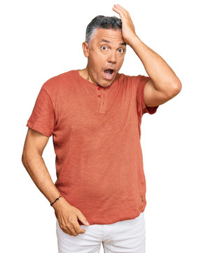 Handsome middle age man wearing casual clothes surprised with hand on head for mistake, remember error. forgot, bad memory concept.