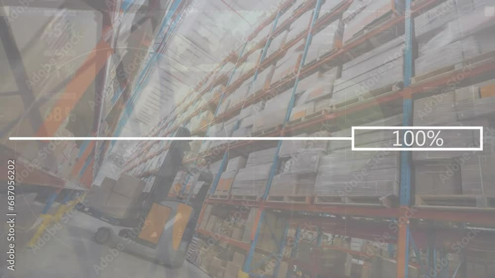 Poster animation of changing numbers in bar and line over low angle view of cardboard boxes in warehouse