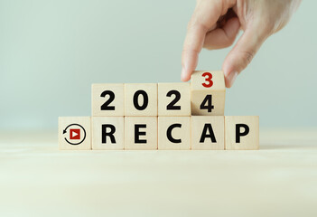 2023 Recap economy, business, financial concept. Business plan in 2024. RECAP words and 2023, 2024  on wooden cubes on smart grey background and copy space. - obrazy, fototapety, plakaty