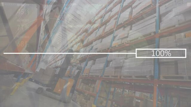 Animation of changing numbers in bar and line over low angle view of cardboard boxes in warehouse