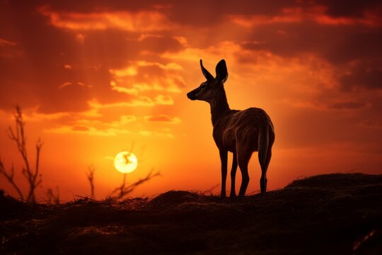Photo of an animal's silhouette against a dramatic sunset. Generative AI