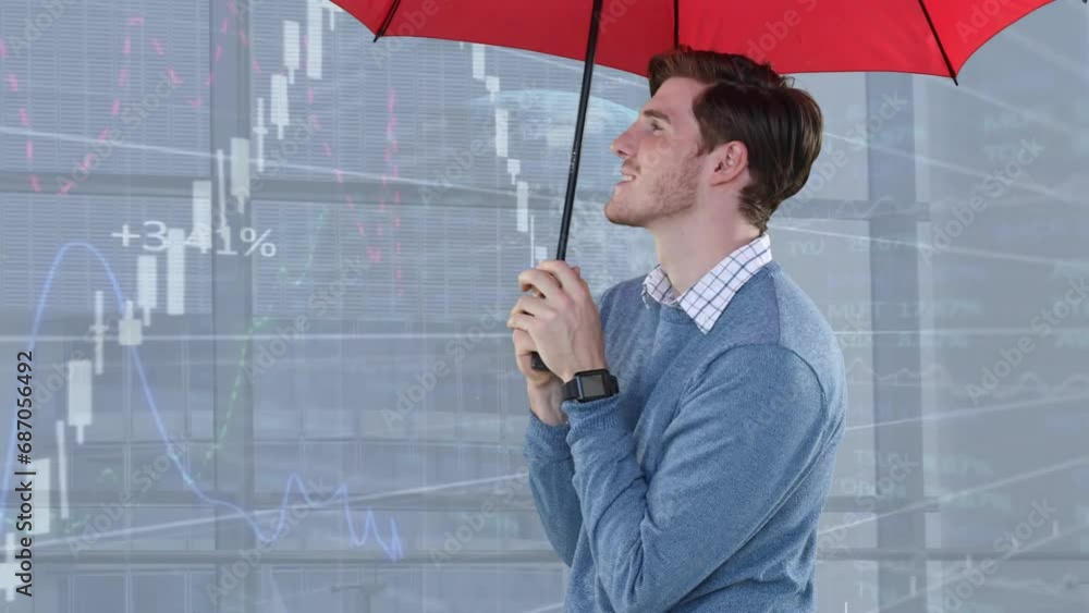 Poster animation of multiple graphs and globe over caucasian man using umbrella to get protection from rain