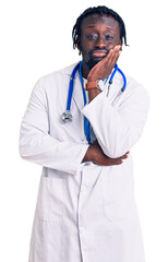 Young african american man with braids wearing doctor stethoscope and id pass thinking looking tired and bored with depression problems with crossed arms.