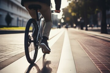 Cyclist Riding on a Bike Lane in the City Morning