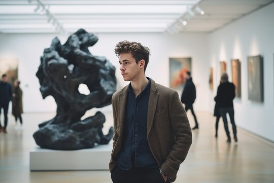 Young Man Admiring Abstract Sculpture in Modern Art Gallery