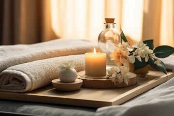 Fototapeta na wymiar Spa Essentials on Wooden Tray in Cozy Bedroom Setting