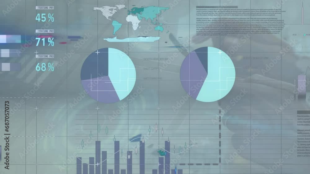 Poster animation of infographic interface, cropped hands of caucasian man scrolling and typing on cellphone