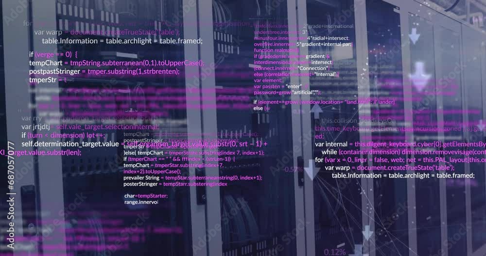 Poster animation of connected arrows and computer language over data server racks in server room