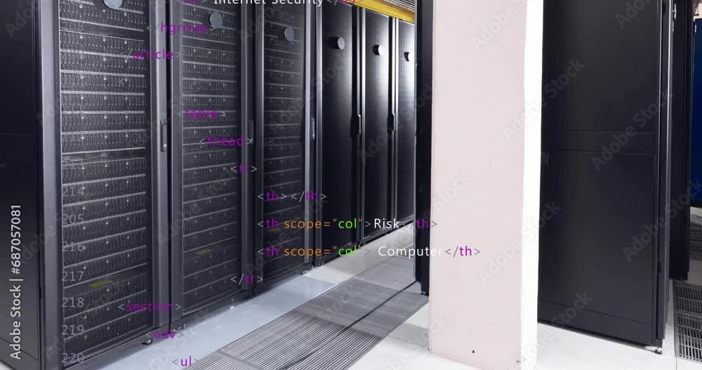 Poster animation of multicolored computer language over data server racks in server room