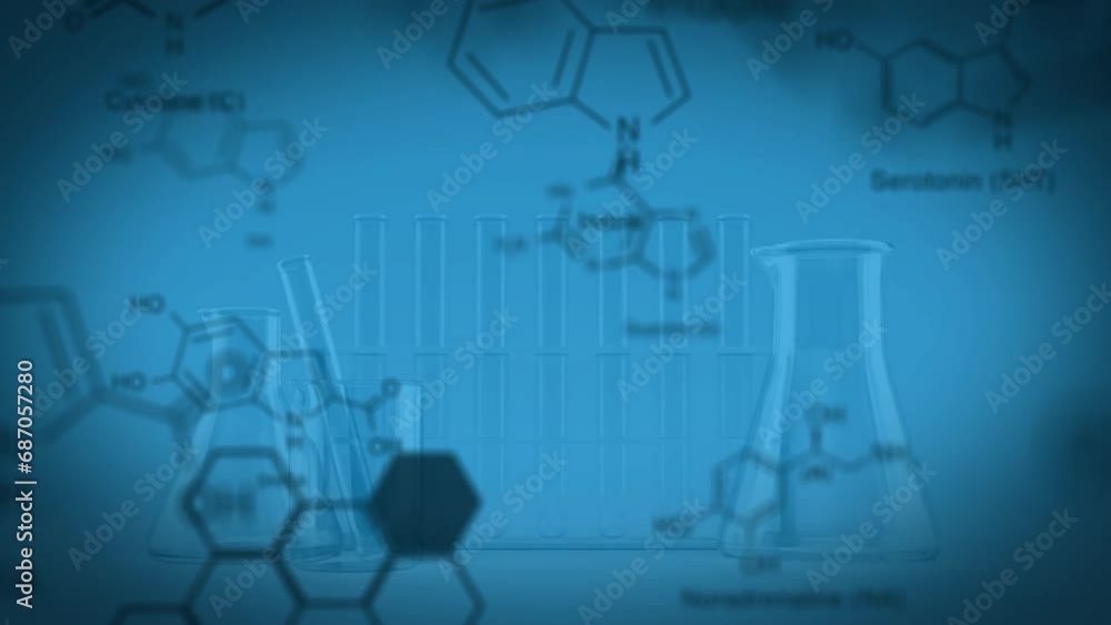 Poster animation of molecule structures over empty laboratory flasks and test tubes against blue background