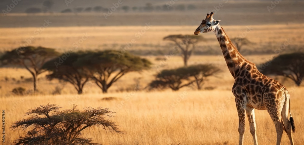 Aufkleber a giraffe standing in the middle of a field with grass and trees in the background and a giraffe sta