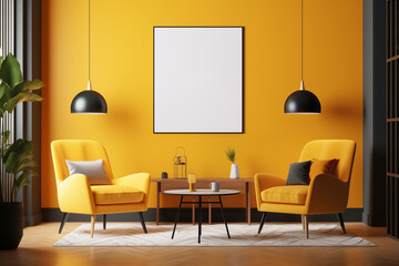 a room with yellow chairs and a table