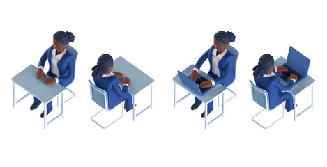 スーツを着てネクタイをしたスマートな女性キャラクターをアイソメトリックに配置した3DCGレンダリング画像